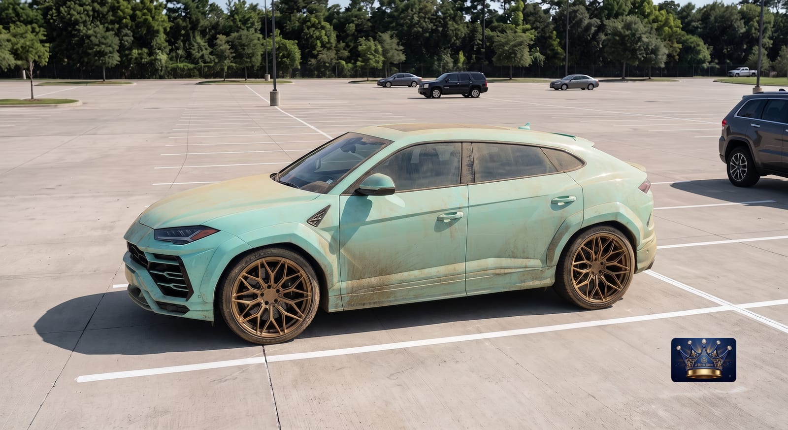 The same SUV before detailing — dusty, grimy paint